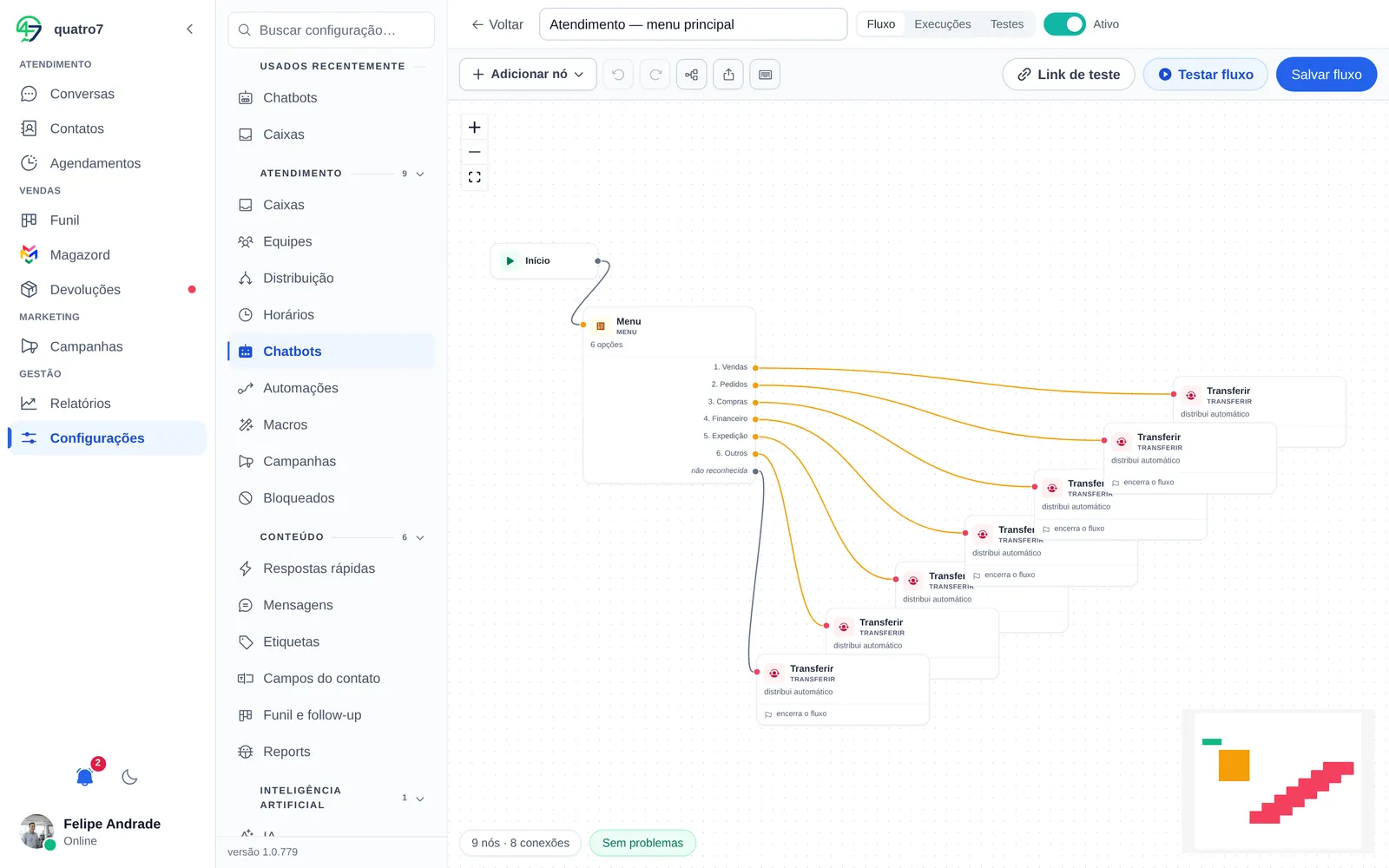 Editor visual de chatbot do Quatro7